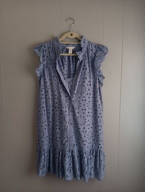H&M Eyelet Ruffle Cap-Sleeve Dress in Light Blue Size LL